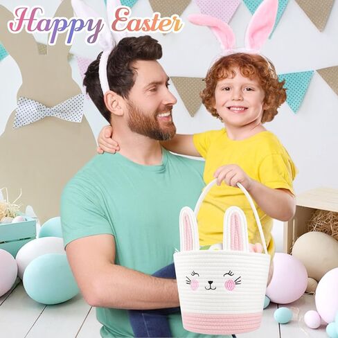 Personalized Easter Basket for Toddler, Woven Baby Easter Gifts basket with Handle, Empty Bunny Egg Basket for Girls Boys Kids, Pink&White in Kuwait