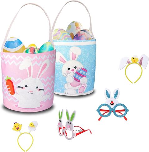 2 Pcs Easter Egg Baskets for Kids, Easter Eggs Hunt Basket for Kids Empty, Pink Bunny Basket Egg Gifts Bags with Rabbit Fluffy Ears for Girls Boys Party Favors in Kuwait