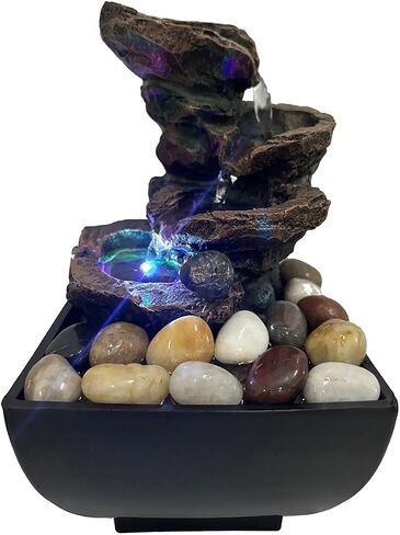 Indoor Tabletop Water Fountain, Resin Meditation Fountain, Desktop Fountain with Color LED Light, Indoor Waterfall Feature for Home Office Decor in Saudi Arabia