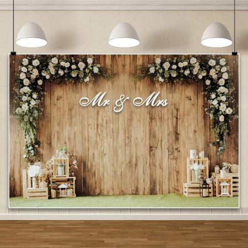 Leowefowa 7x5ft Wedding Backdrop White Flowers Rustic Wood Wall Photography Background Mr and Mrs Wedding Party Decorations Photo Wall Backdrop Vinyl in Saudi Arabia