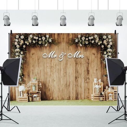 Leowefowa 7x5ft Wedding Backdrop White Flowers Rustic Wood Wall Photography Background Mr and Mrs Wedding Party Decorations Photo Wall Backdrop Vinyl in Saudi Arabia