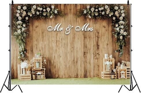 Leowefowa 7x5ft Wedding Backdrop White Flowers Rustic Wood Wall Photography Background Mr and Mrs Wedding Party Decorations Photo Wall Backdrop Vinyl in Saudi Arabia