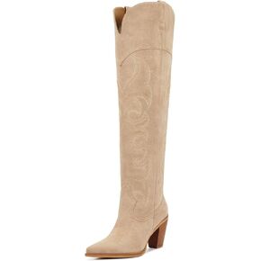 ISNOM Thigh High Cowboy Cowgirl Boots for Women, Over the Knee Western Boots with Vintage Embroidery, Side Zipper, Chunky Heel Design