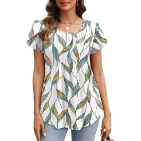 OFEEFAN Womens Tops Tulip Short Sleeve Blouses Pleated Front Summer Beach Vacation Outfits