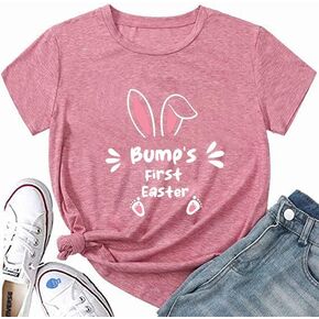 Easter's Pregnancy T-Shirt for Women Bump's First Easter Funny Cute Bunny Little Ear and Feet Graphic Top-Pink Easter