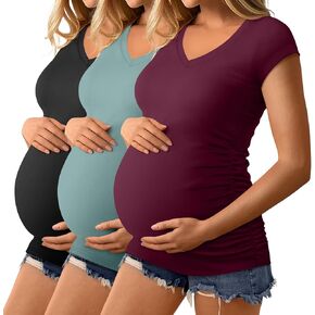 Ficerd 3 Pack Women’s Maternity Shirts, Cap Sleeve Cotton Pregnancy Tops Side Ruched T Shirt V Neck Casual Maternity Clothes