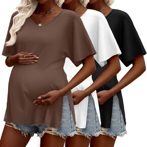 Ficerd 3 Pack Maternity Shirts Cotton V Neck Mama Tee Dolman Sleeve Side Split Pregnancy Clothes Summer Oversized Tops in Kuwait