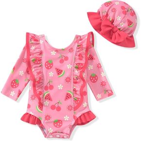 HINTINA Baby Girl One Piece Long Sleeve Ruffle Swimsuit with Hat
