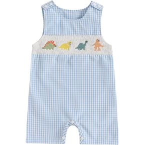 Baby Boy Summer Clothes Sleeveless Embroidery Dinosaur Striped Retro Romper Jumpsuit Smocked Shortall