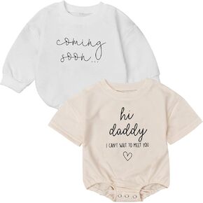 2Pcs Hi Daddy I Can't Wait To Meet You pregnancy Announcement For Husband Dad Romper, Hi Daddy Onesie Pregnancy Announcement Baby announcement Coming Soon onesie (0-3 Months)