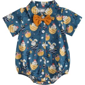 Baby Boy Easter Outfit Bunny Bunny/Carrot/Chick Print Dress Shirt Bodysuit Lapel Button Short Sleeve Romper Top