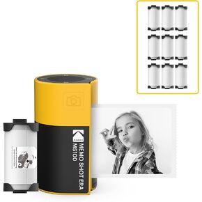 KODAK Memo Shot ERA Kids Instant Digital Camera and Photo Label Printer Bundle, Yellow (Camera with 1 Roll One-Touch Label Cartridge + 9 Rolls Cartridge Set)