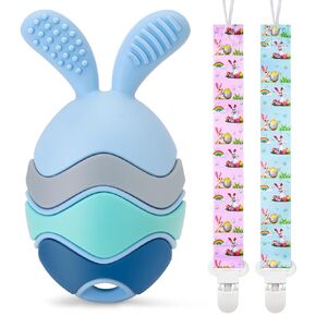 Easter Egg Bunny Baby Teether for Easter Basket Stuffers, Rabbit Egg Rattle Toy Teething for Easter Basket Essentials Infant Boys & Girls First Gifts with 2 Packs Easter Egg Pacifier Clip, 3 Months+