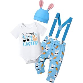 Baby Boy Easter Outfit My First Easter Bunny Wearing Sunglasses Short Sleeve Romper+ Rabbit Suspender Pants+ Cute Hat