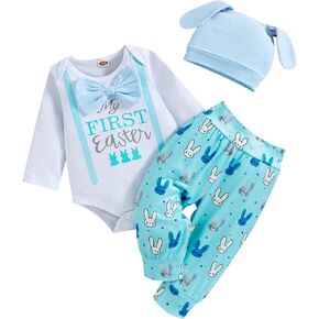 Baby Boy Easter Outfit My First Easter Gifts Newborn Clothes Long Sleeve Romper + Bunny Pants + Hat 3Pcs Set
