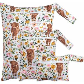 Little Jump Cloth Diaper Wet Dry Bags Waterproof Reusable with Two Zippered Pockets Travel Beach Pool Daycare Soiled Baby Items Yoga Gym Bag for Swimsuits or Wet Clothes (Western Floral and cow)