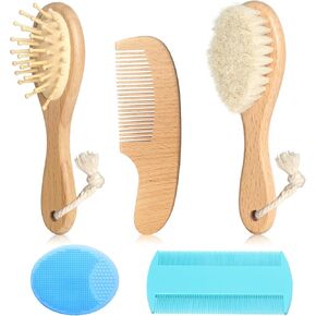 Wooden Natural Goat Bristle Brush and Cradle Cap Comb Set - 5 in 1 Baby Grooming Kit for Newborns, Toddlers, Boys, and Girls (Blue) in Kuwait