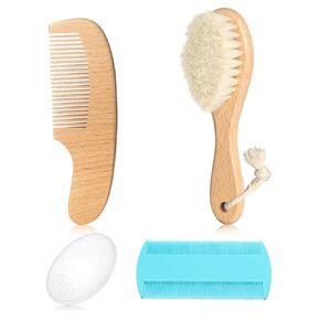 Wooden Natural Goat Bristle Brush and Cradle Cap Comb Set - 5 in 1 Baby Grooming Kit for Newborns, Toddlers, Boys, and Girls (Blue)