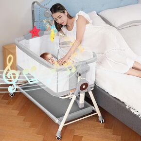 Baby Bassinet, Rocking Bassinet, 3 in 1 Bassinets Bedside Sleeper with Musical Toys, Bedside Bassinet for Baby with Storage Basket and Wheels, Adjustable Bedside Crib for Newborn (Grey)