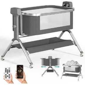 Rocking Bassinet for Baby, 5 Height-Adjustable Electric Bassinets Bedside Sleeper, Bedside Crib for Infant 5-speed Motion Swing, Removable Storage Basket & Lockable Wheels, Newborn Crib for Nursery
