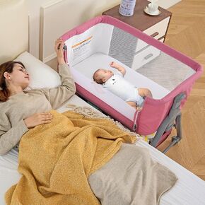 Real Relax Bassinet Bedside Sleeper, Bedside Bassinet for Newborn, 6-Level Adjustable Height Rocking Baby Crib with Lockable Wheels, Large Storage Organizer, Mattress, Pink