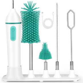 Electric Bottle Brush Cleaner Set with Drying Rack, Rechargable Baby Bottle Brush with Silicone Nipple & Straw Brush and Milk Mixer, Waterproof Bottle Cleaning Kit Tool for Newmom