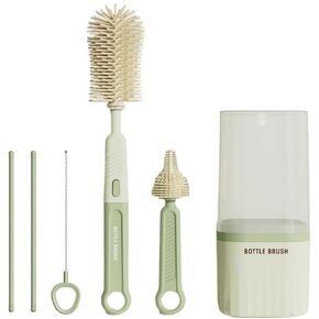 Bottle Brush Set - Baby Travel Essential - Bottle Cleaner Kit with Silicone Bottle Brush,Nipple Cleaner Brush,Straw Brush,Storage Box,Bottle Drying Rack for Home and Travel(Green)
