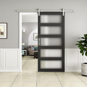 BARNSMITH 30in x 84in Glass Barn Door with 5FT Nickle Sliding Door Hardware Included, 5-Panel Frosted Glass, Solid Wood Covered with Water-Proof PVC Surface, Easy Assembly, Black