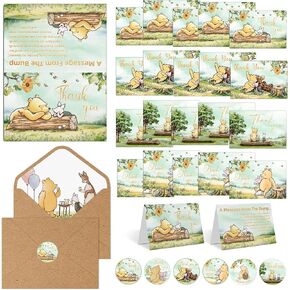 20PCS Cute Winnie Thank You Cards for Girls and Boys A Message From the Bump Sign Classic Winnie Baby Shower Decorations, Pooh Party Supplies with Kraft Envelopes and Stickers