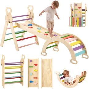 7 in 1 Pikler Triangle Set, Wooden Montessori Climbing Set, Foldable Toddler Baby Climbing Toys, Baby Climber Indoor Playground Jungle Gym for Toddlers Montessori Toys-Rainbow