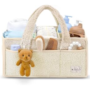 Sweety Fox Baby Diaper Caddy Organizer with Handle - Portable Sherpa Nursery Basket - Car Diaper Organizer, Cleaning Caddy, Gift for Baby Shower - Grey
