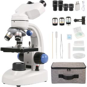 Binocular Microscope 40X-1000X LED Lighting for Kids Students Adults School Lab Home Education with Microscope Slides Set,Phone Adapter