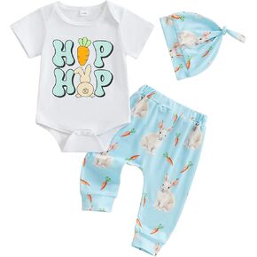 Karuedoo First Easter Baby Boy Outfit Newborn Letter Print Romper Bunny Carrot Pants Hat 3Pcs Infant Boy Easter Outfits Set