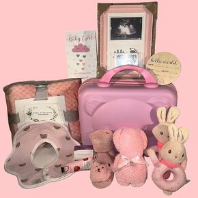 Baby Gift Set W/Cute Baby Bear Suitcase - Baby Bibs Sock, Unique Mom Care Gift, Rattle Blanket and a Baby Girl Greeting Card. Newborn Gift Set + First Time Mom Gifts. Small Gift for Pregnancy Moms