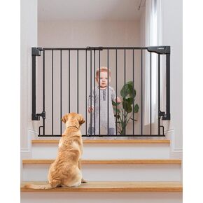 Cumbor 29.2-43" No Bottom Bar Baby Gate for Stairs, 2-in-1 Auto Close Dog Gate Indoor, Hardware Mounted Pet Gate for Doorways with Large Walk Thru Door, Child-Proof Safety Gate for Kids (Brown)