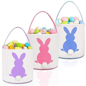 Easter Bunny Baskets for Kids, 3 Pack Canvas Easter Eggs Hunt Bag Rabbit Gifts Toys Bucket Tote (Purple Pink Blue)