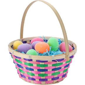 JOYIN Easter Bamboo Basket Colorful Round Woven Goodie Empty Gift Basket with Folding Handle for Girls Boys Easter Egg Hunt Party Treats