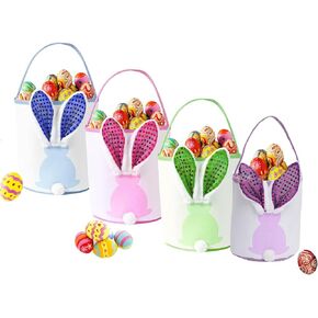 4PCS Easter Bunny Baskets Empty with Lights, Large Easter Egg Hunt Baskets for Kids, Canvas Easter Basket Candy Tote Bags with Handles, Carrying Favor Eggs Hunt Bag Candy Egg Basket for Gift Sets