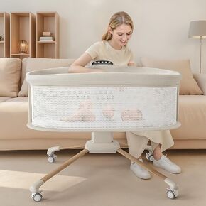 Electric Smart Soothing Baby Bassinet with 5 Rocking Speeds, 3 Timer Modes, 12 Soothing Musics, 3 Adjustable Heights, Breathable Mesh Sides and Mosquito Net