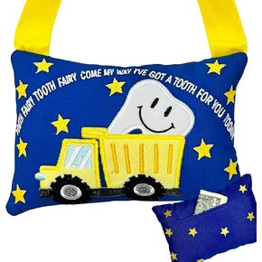 Tooth Fairy Pillow w/ Fun Dump Truck Design - Tooth Fairy Tooth Holder w/ Handle -Large Pocket, Easy Hang Tooth Fairy Accessories for boys - Perfect Tooth Fairy Gift with Cute Saying - 4 x 6 inches