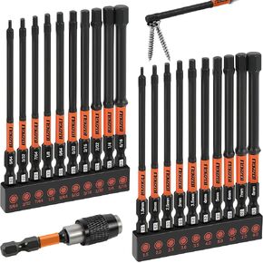 Impact Allen Wrench Drill Bit Set Hex Bit Set 4" Long, Magnetic Allen Head,CNC 21Pcs Metric&SAE, 1/4" Hex-Shank S2 Steel Head with Quick Release Bit Holder and Storage Box