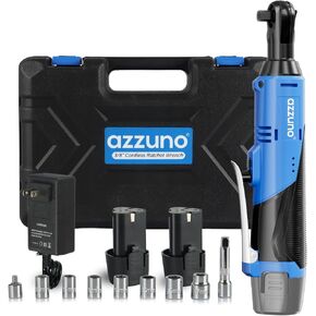 AZZUNO 3/8" Electric Ratchet Wrench Set 30 Ft-lbs Cordless Ratchet Wrench 300 RPM Power Ratchet Tool Kit with 2 x 2000mAh Lithium-Ion Battery, Fast Charger, 7 Sockets and 3" Extension Bar