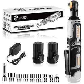 DEKOPRO Cordless Ratchet Wrench Set 3/8" Cordless Electric Ratchet Drive, 12V Power Ratchet Wrench Tool with 7 Sockets, 1/4" Adaptor, 2.8" Extension Bar, Charger& 2 Batteries for Car Home Furniture