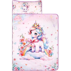Toddler Nap Mat with Removable Pillow & Soft Minky Blanket, HNHUAMING Extra Large Rolled Napping Mats for Girls Boys, Kids Slumber Bags for Daycare, Preschool Travel Camping