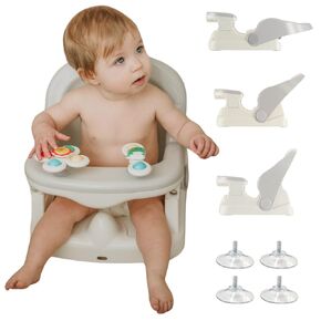 Cuddobaby Baby Bath Seat 3-in-1, Grow with Baby【3-Level Adjustment, Full Enclosure】 Detachable Armrest, Sitting Up or Lying, Larger Non-Slip Suction, Upto Toddler, Fit for Flat Surfaces - Gray