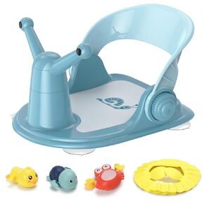 Baby Bath Seat for Babies 6 Months & Up - Foldable Bath Seats for Babies Sitting Up, Bathtub Seat for Baby 6-12 Months, Free 3 Baby Bath Toys, Open Design, 4 Safety Suction Cups, Grey