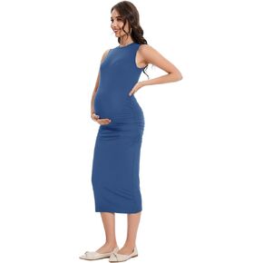 Smallshow Women's Maternity Midi Dress Crew Neck Sleeveless Pregnancy Clothes