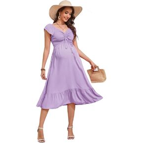 KOJOOIN Womens Maternity Short Sleeve Sweetheart Neck Summer Casual Smocked Boho Drawstring Maxi Dress Photoshoot Baby Shower in Kuwait