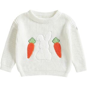 Toddler Girls Easter Sweater Knit Long Sleeve Round Neck Bunny Carrot Embroidery Top Pullover Knitwear