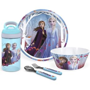Zak Designs 5-Piece Dinnerware Set, Disney Frozen 2 - Durable Plastic & Stainless Steel - Includes Water Bottle, 8-Inch Plate, 6-Inch Bowl, Fork & Spoon - Suitable for Kids Ages 3+